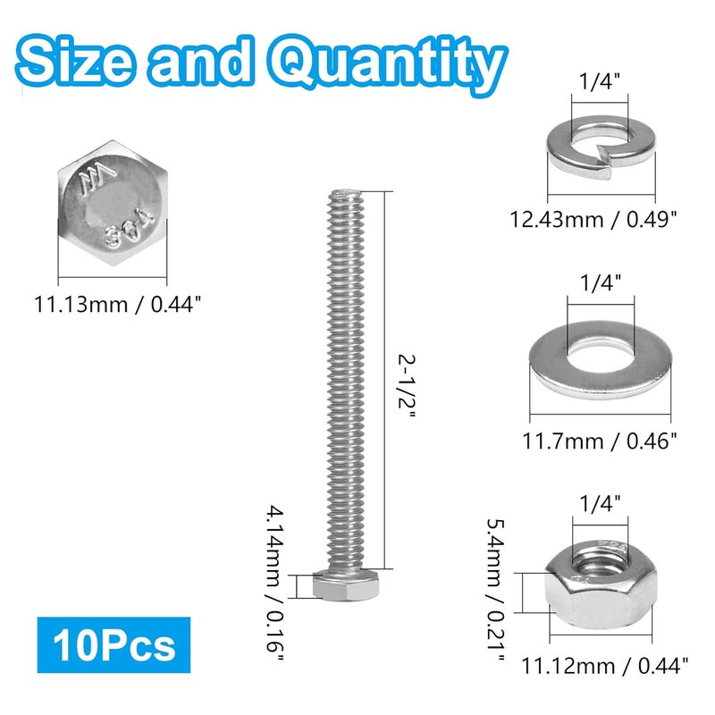 MroMax 10 مجموعات من براغي سداسية الرأس 1/4-20 × 2-1/2" ، وصواميل ، وغسالات مسطحة وغسالات قفل زنبركية ، ملولبة بالكامل ، من الفولاذ المقاوم للصدأ 18-8 (304) ، تشطيب لامع - Image 2